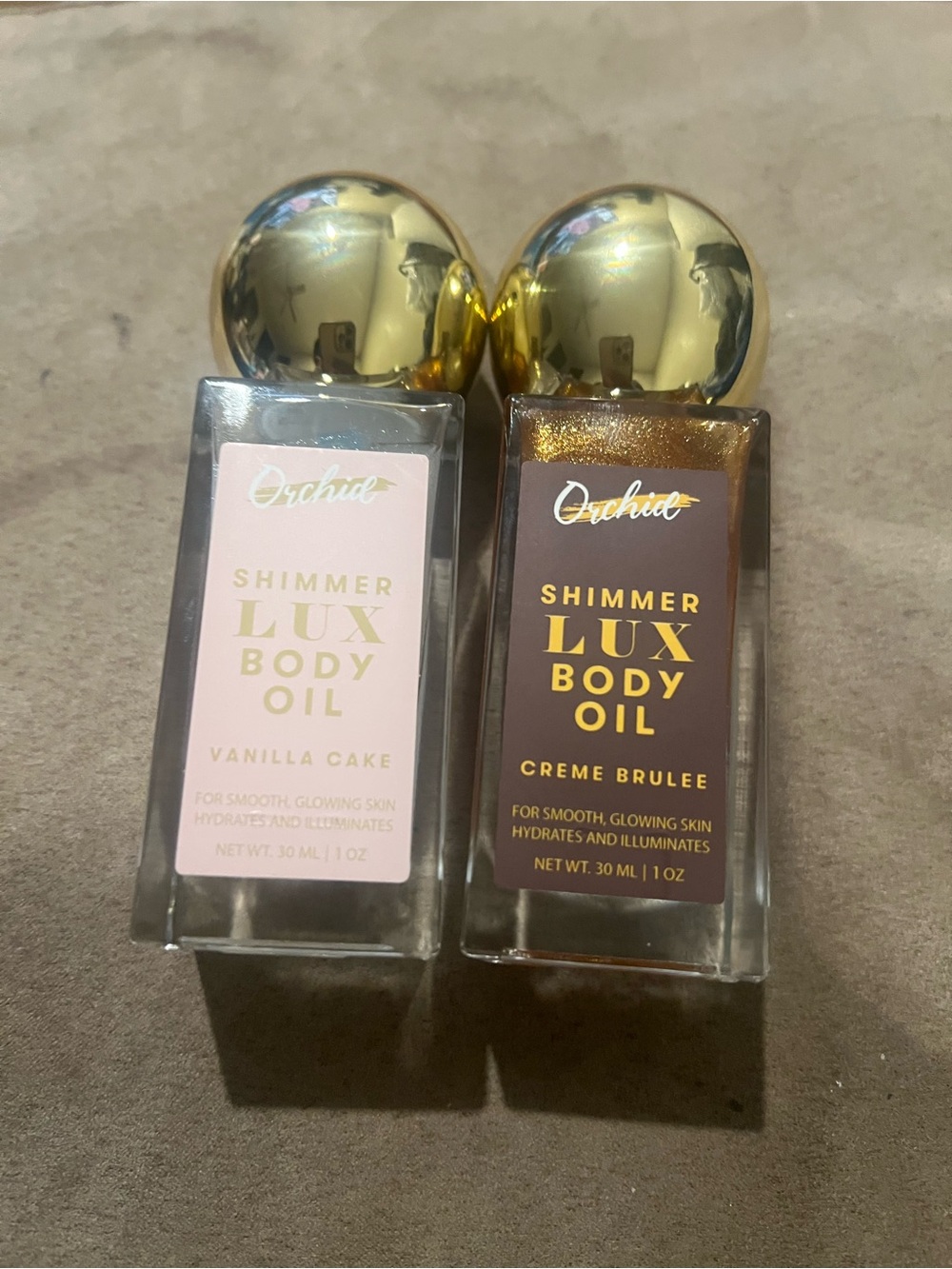 Orchid Shimmer Lux Body Oil — Vanilla Cake & Creme Brulee (Gold Caps)